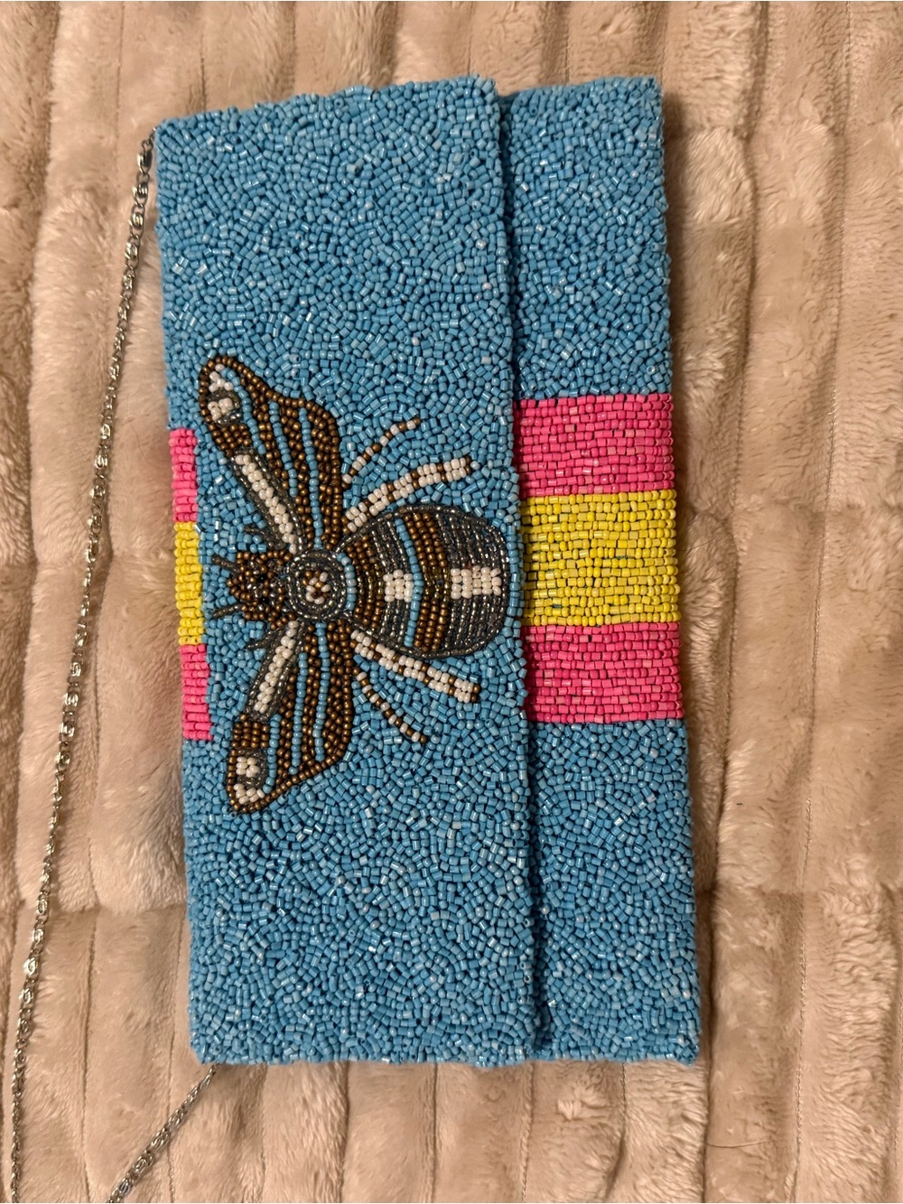 Moyna Blue Beaded Clutch with Pink & Yellow Stripe Detail